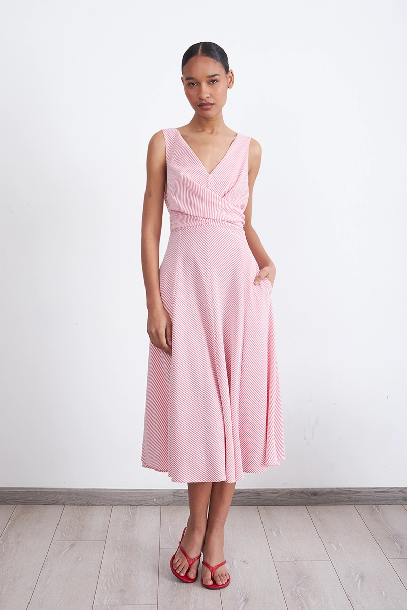 VESTIDO CRUZADO LINEAS ROJO MUJER NICOPOLY - 1