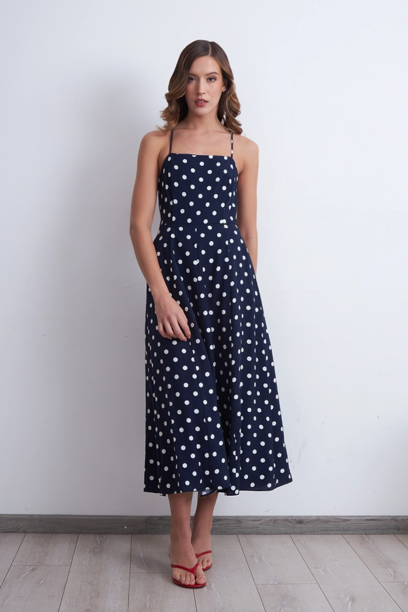 VESTIDO MIDI ENTALLADO CON LUNARES AZUL MARINO MUJER NICOPOLY - 1