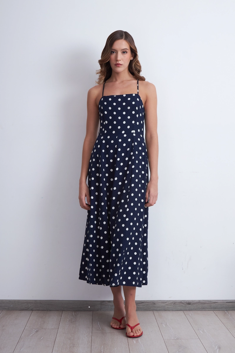 VESTIDO MIDI ENTALLADO CON LUNARES AZUL MARINO MUJER NICOPOLY - 6