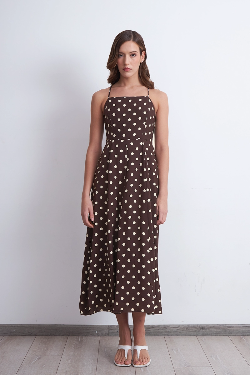 VESTIDO MIDI ENTALLADO CON LUNARES CAFE MUJER NICOPOLY L