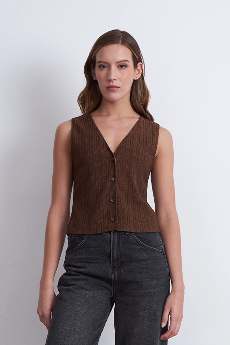 GILET LINEAS VERTICALES TIPO CREPE CAFE MUJER NICOPOLY - 1
