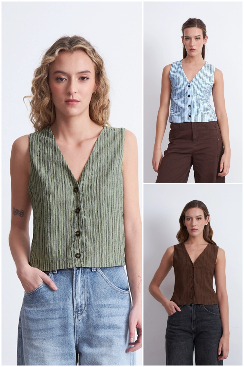 GILET LINEAS VERTICALES TIPO CREPE CAFE MUJER NICOPOLY - 5