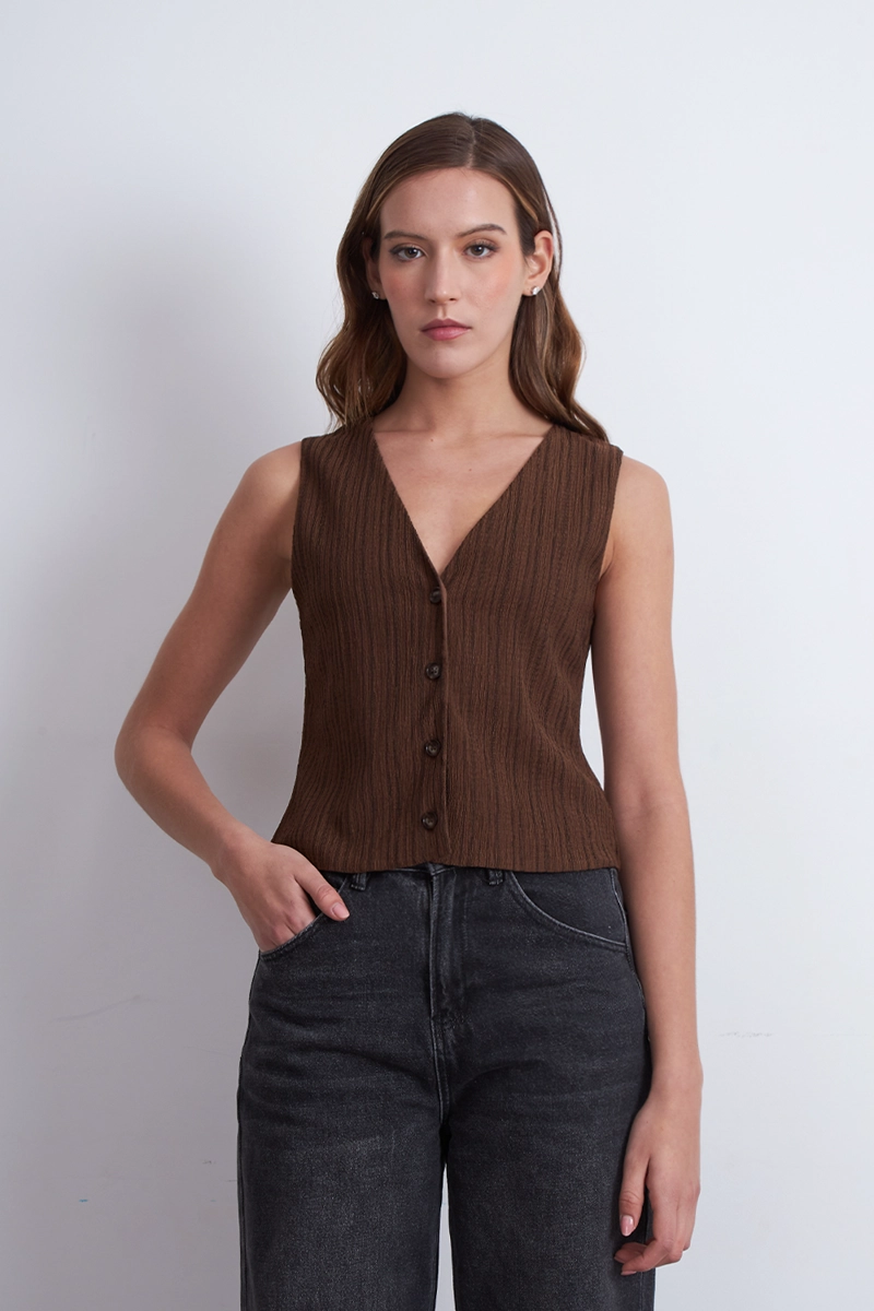 GILET LINEAS VERTICALES TIPO CREPE CAFE MUJER NICOPOLY - 6