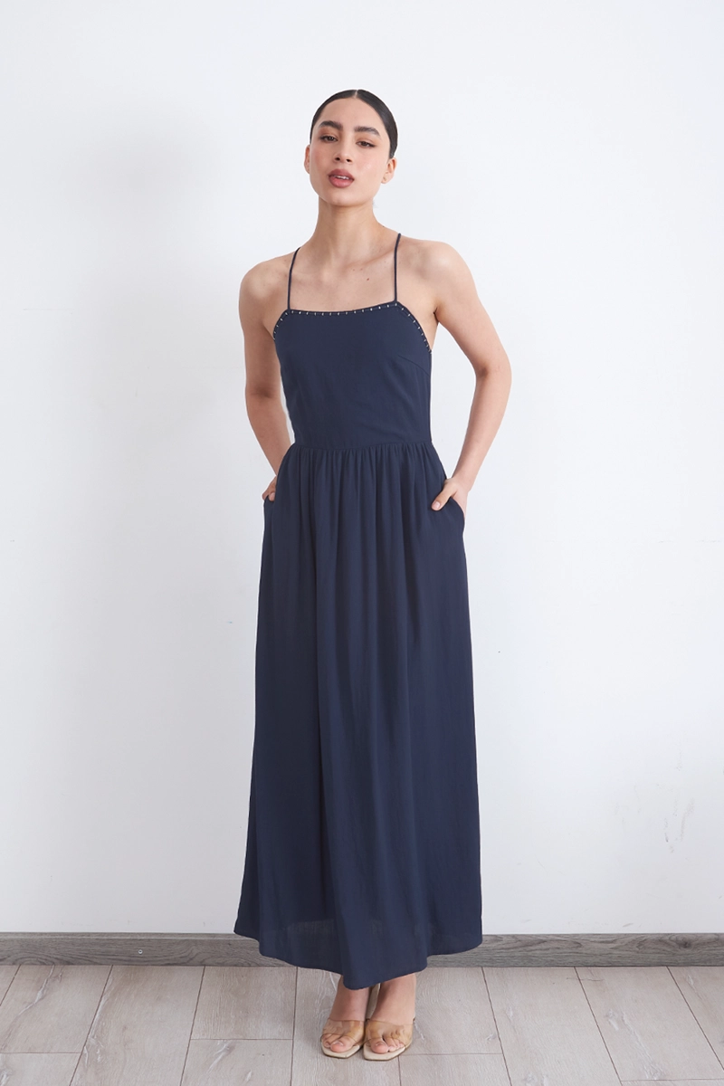 VESTIDO HALTER BORDADO FRONTAL AZUL MARINO MUJER NICOPOLY - 1