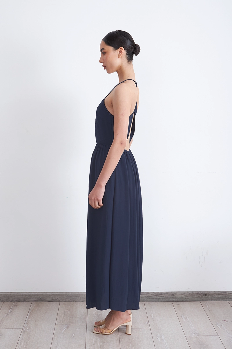 VESTIDO HALTER BORDADO FRONTAL AZUL MARINO MUJER NICOPOLY - 3