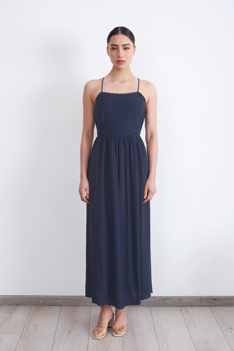 VESTIDO HALTER BORDADO FRONTAL AZUL MARINO MUJER NICOPOLY - 6