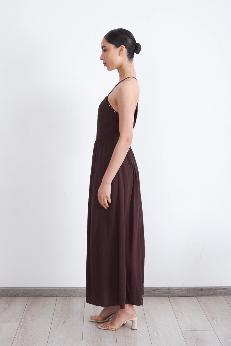 VESTIDO HALTER BORDADO FRONTAL CAFE MUJER NICOPOLY - 3