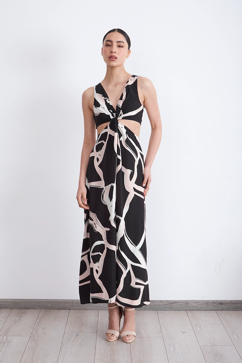 VESTIDO ESTAMPADO ABERTURAS CINTURA NEGRO MUJER NICOPOLY - 1