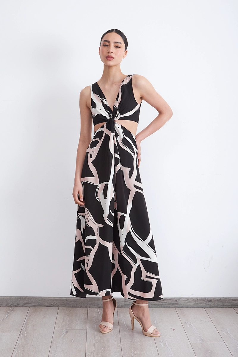 VESTIDO ESTAMPADO ABERTURAS CINTURA NEGRO MUJER NICOPOLY - 2