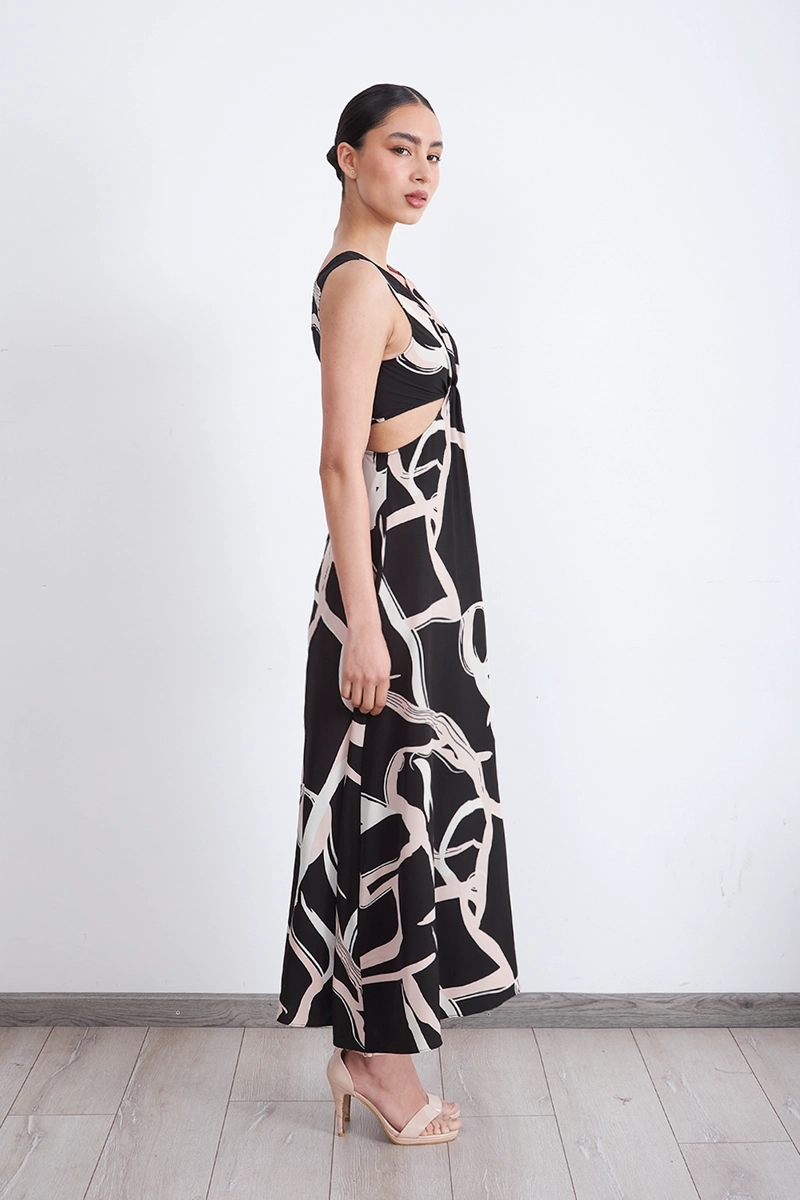VESTIDO ESTAMPADO ABERTURAS CINTURA NEGRO MUJER NICOPOLY - 3