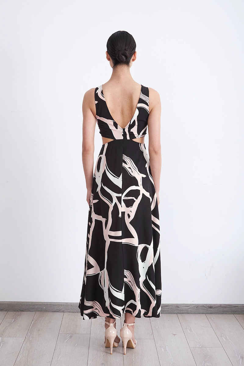 VESTIDO ESTAMPADO ABERTURAS CINTURA NEGRO MUJER NICOPOLY - 4