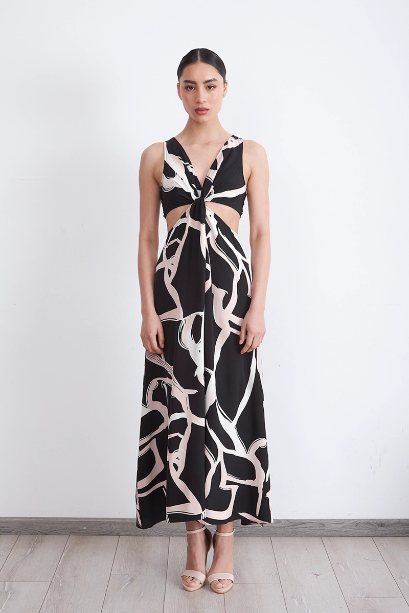 VESTIDO ESTAMPADO ABERTURAS CINTURA NEGRO MUJER NICOPOLY - 6