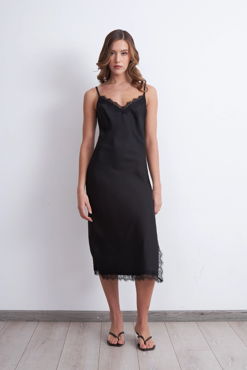VESTIDO LENCERO SATINADO CON ENCAJE NEGRO MUJER NICOPOLY - 1