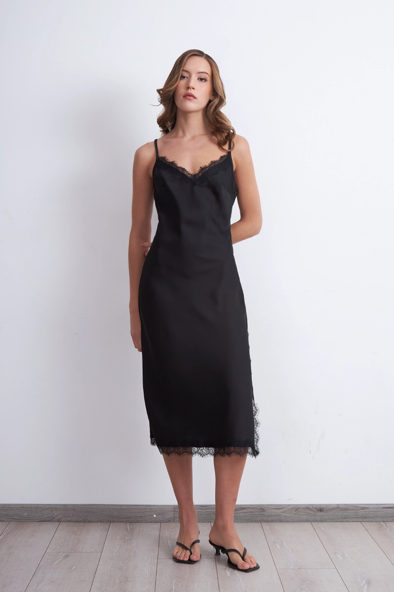 VESTIDO LENCERO SATINADO CON ENCAJE NEGRO MUJER NICOPOLY - 2