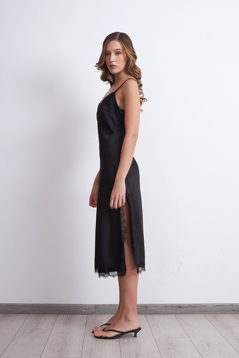 VESTIDO LENCERO SATINADO CON ENCAJE NEGRO MUJER NICOPOLY - 3