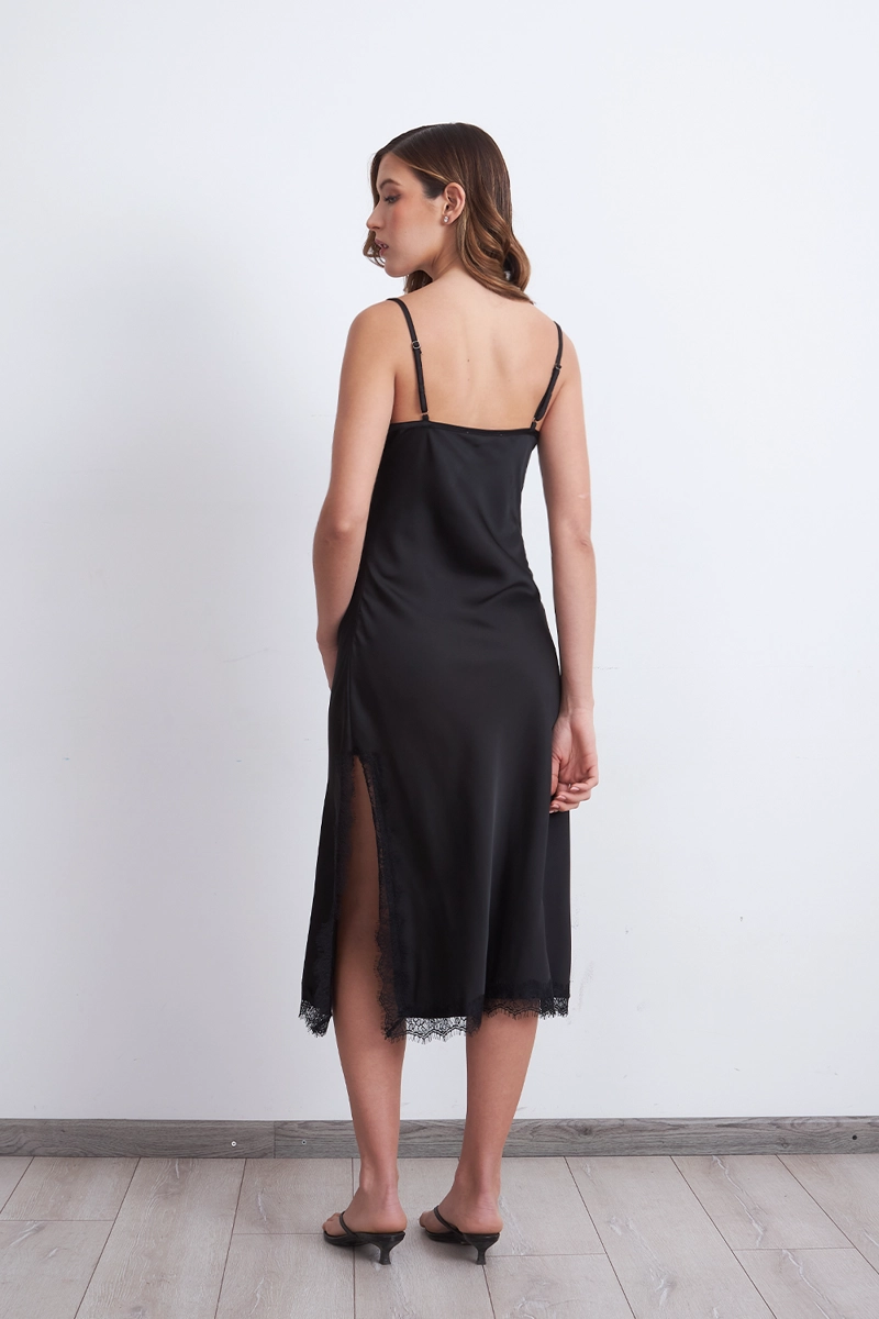 VESTIDO LENCERO SATINADO CON ENCAJE NEGRO MUJER NICOPOLY - 4