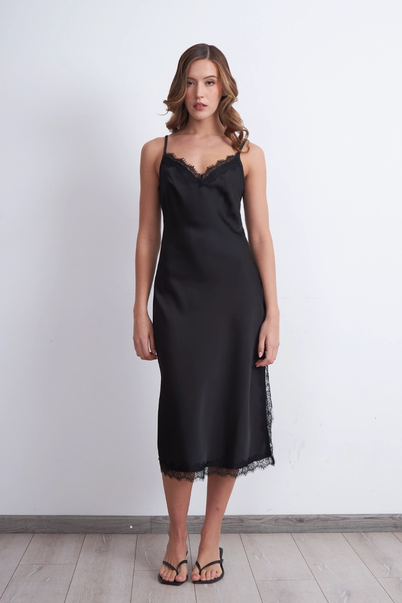 VESTIDO LENCERO SATINADO CON ENCAJE NEGRO MUJER NICOPOLY - 6