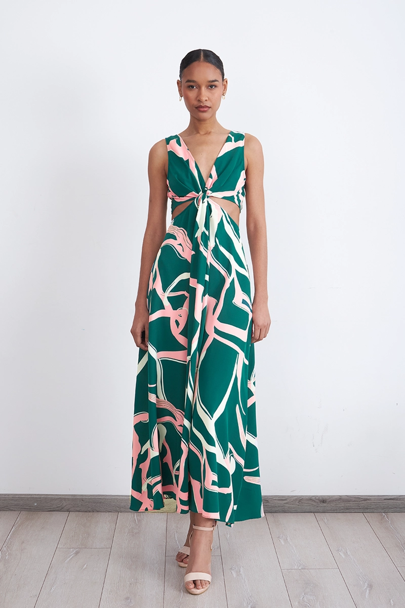 VESTIDO ESTAMPADO ABERTURAS CINTURA VERDE MUJER NICOPOLY - 1