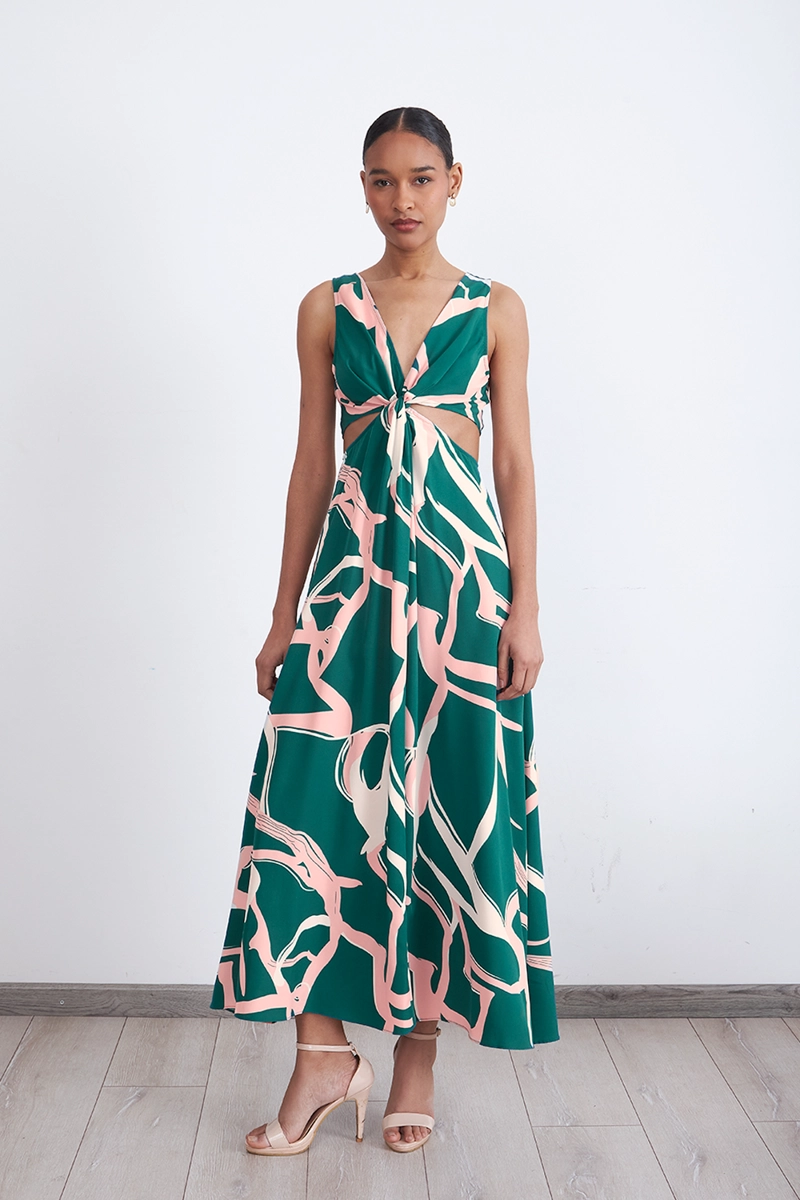 VESTIDO ESTAMPADO ABERTURAS CINTURA VERDE MUJER NICOPOLY - 2