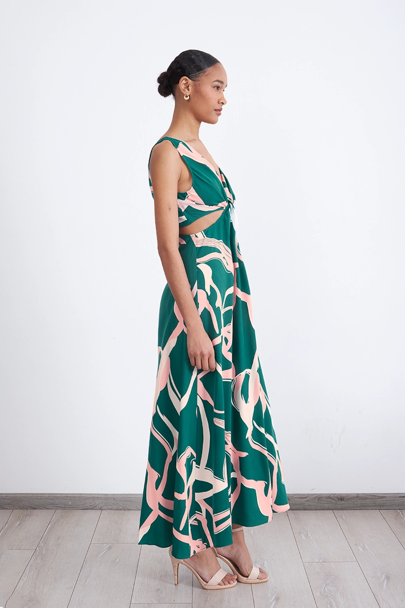 VESTIDO ESTAMPADO ABERTURAS CINTURA VERDE MUJER NICOPOLY - 3
