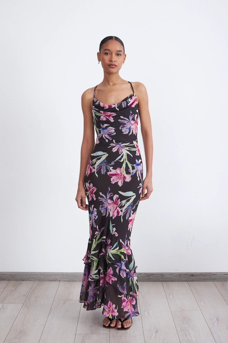 VESTIDO FLORAL ESCOTE DRAPEADO NEGRO MUJER NICOPOLY - 1