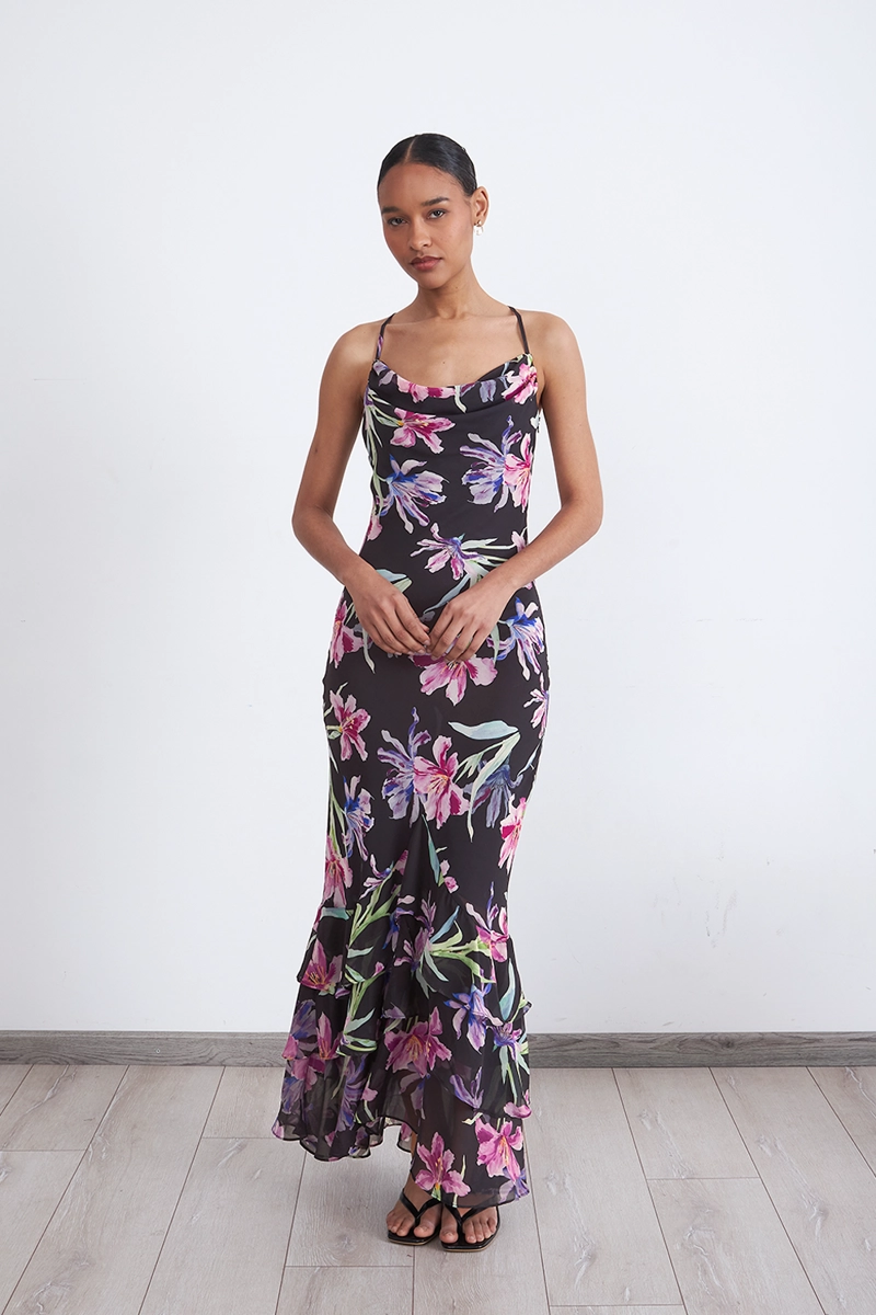 VESTIDO FLORAL ESCOTE DRAPEADO NEGRO MUJER NICOPOLY - 2