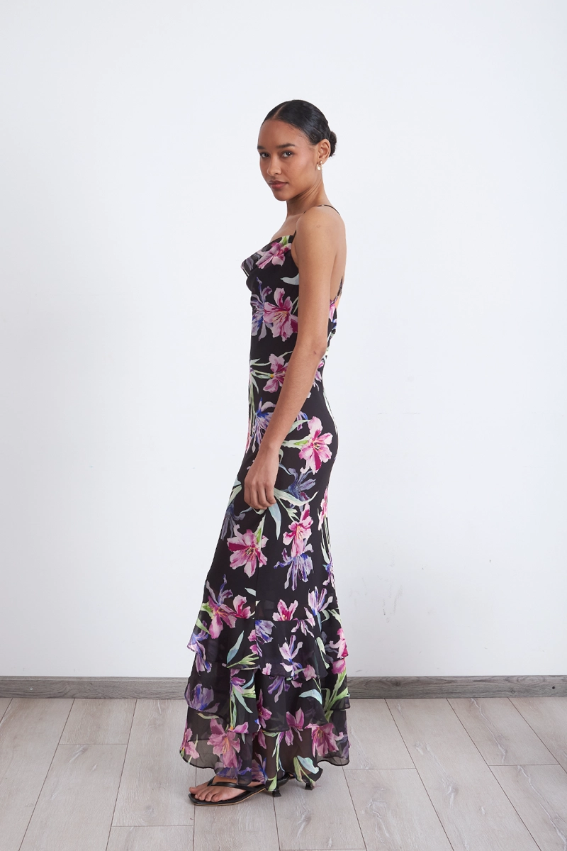 VESTIDO FLORAL ESCOTE DRAPEADO NEGRO MUJER NICOPOLY - 3