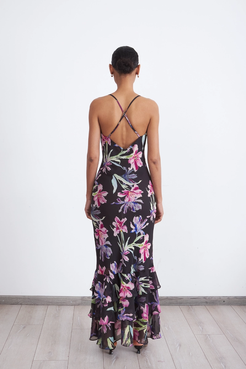 VESTIDO FLORAL ESCOTE DRAPEADO NEGRO MUJER NICOPOLY - 4
