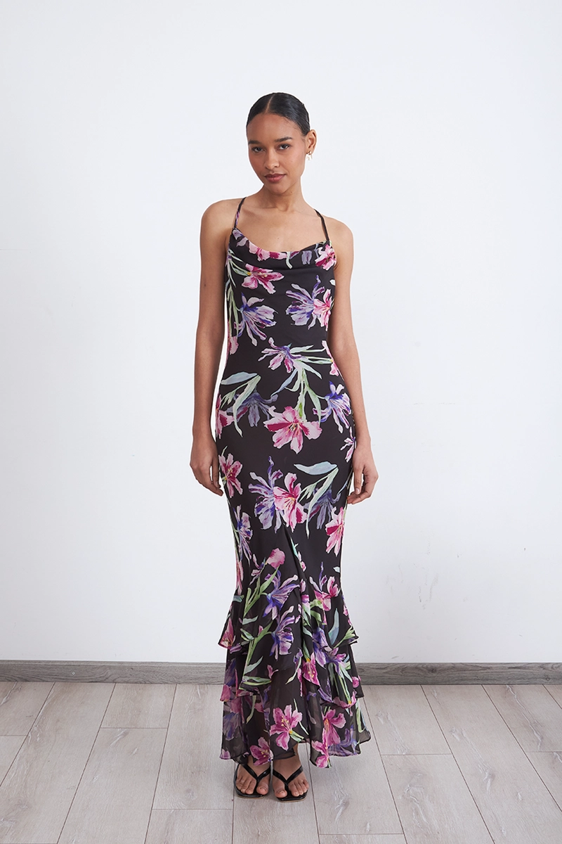 VESTIDO FLORAL ESCOTE DRAPEADO NEGRO MUJER NICOPOLY - 5