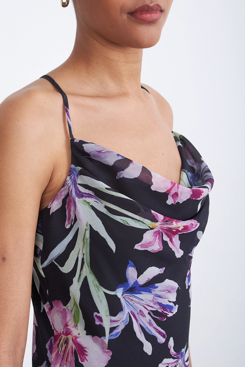 VESTIDO FLORAL ESCOTE DRAPEADO NEGRO MUJER NICOPOLY - 6