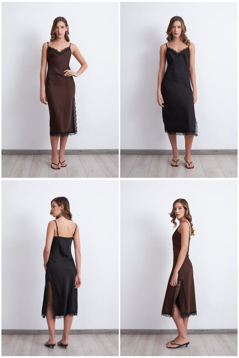 VESTIDO LENCERO SATINADO CON ENCAJE CAFE MUJER NICOPOLY - 5