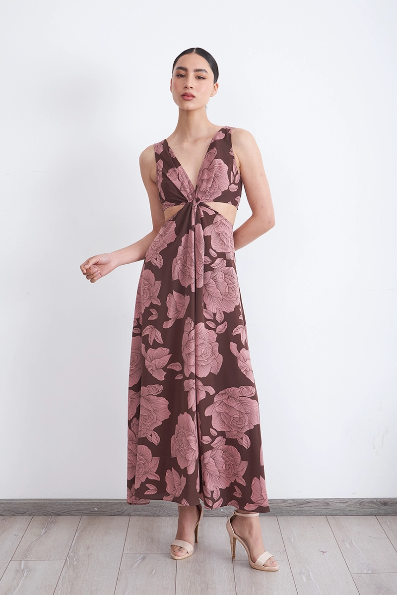VESTIDO ESTAMPADO ABERTURAS CINTURA CAFE MUJER NICOPOLY - 1