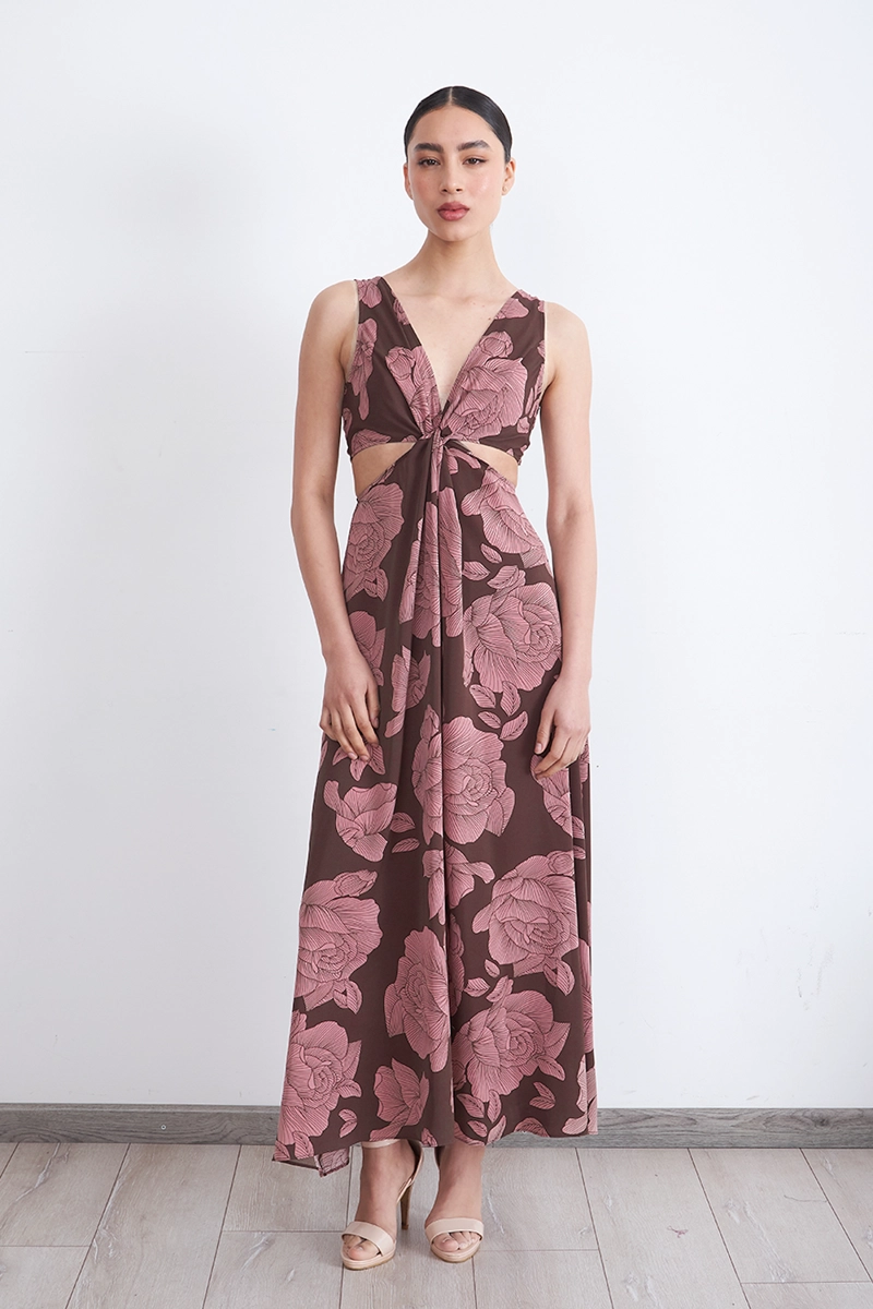 VESTIDO ESTAMPADO ABERTURAS CINTURA CAFE MUJER NICOPOLY - 2