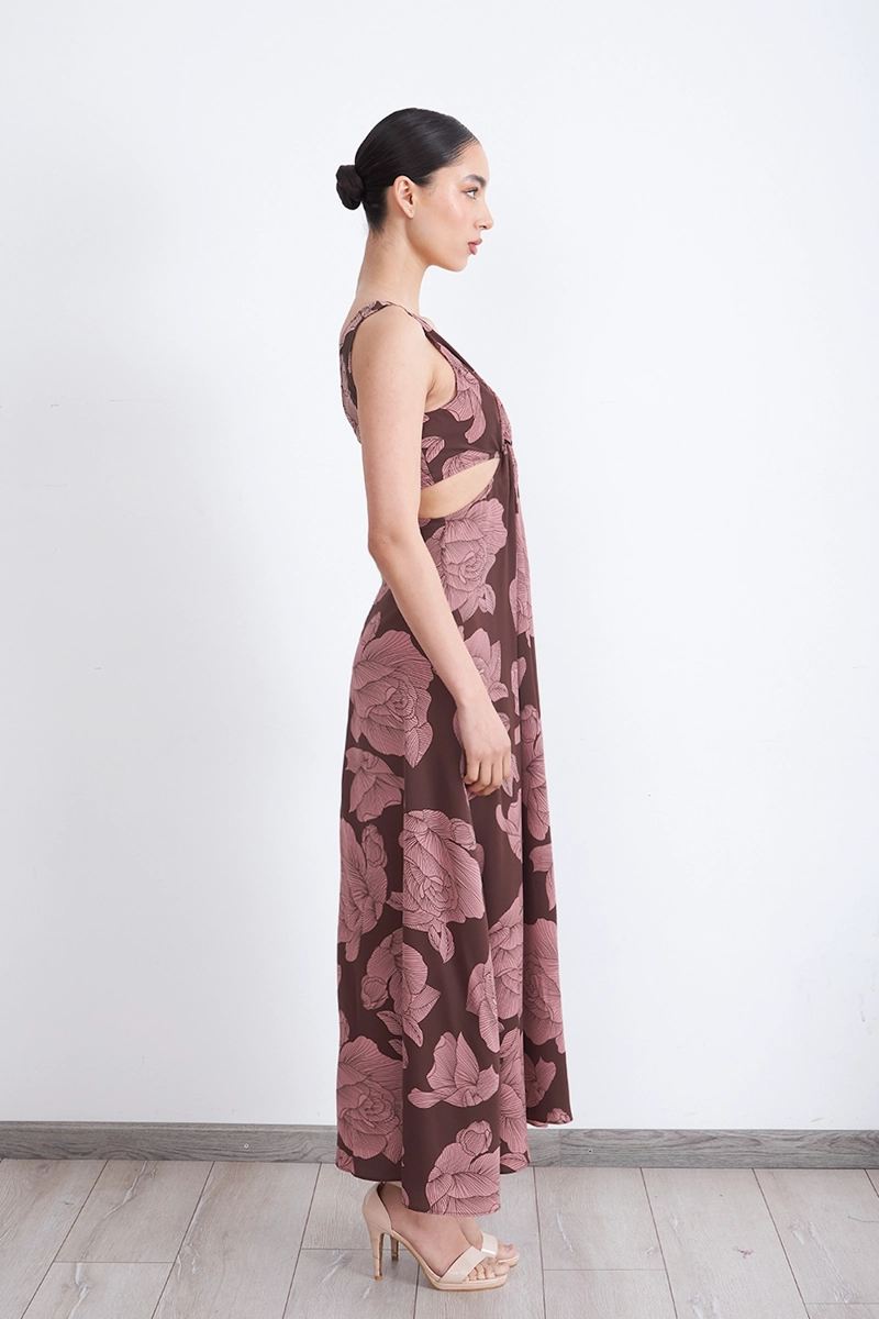 VESTIDO ESTAMPADO ABERTURAS CINTURA CAFE MUJER NICOPOLY - 3