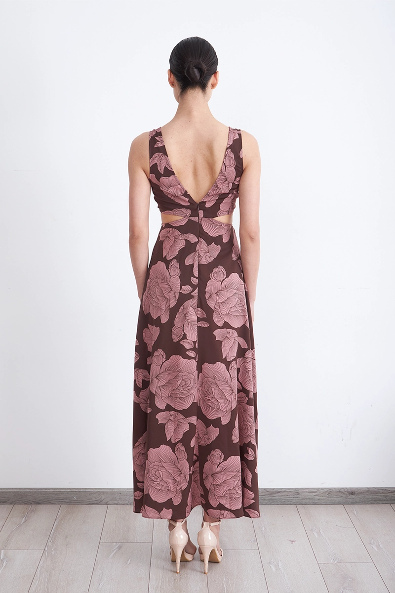 VESTIDO ESTAMPADO ABERTURAS CINTURA CAFE MUJER NICOPOLY - 4