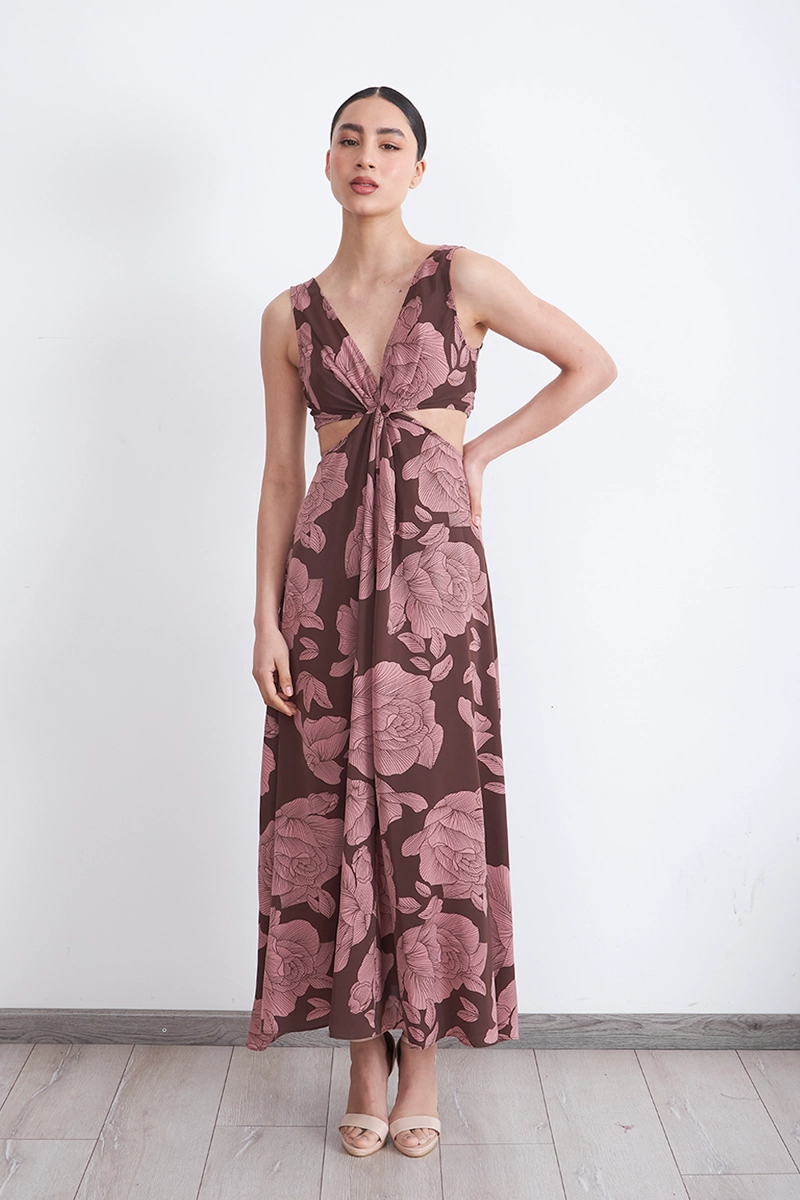 VESTIDO ESTAMPADO ABERTURAS CINTURA CAFE MUJER NICOPOLY - 6