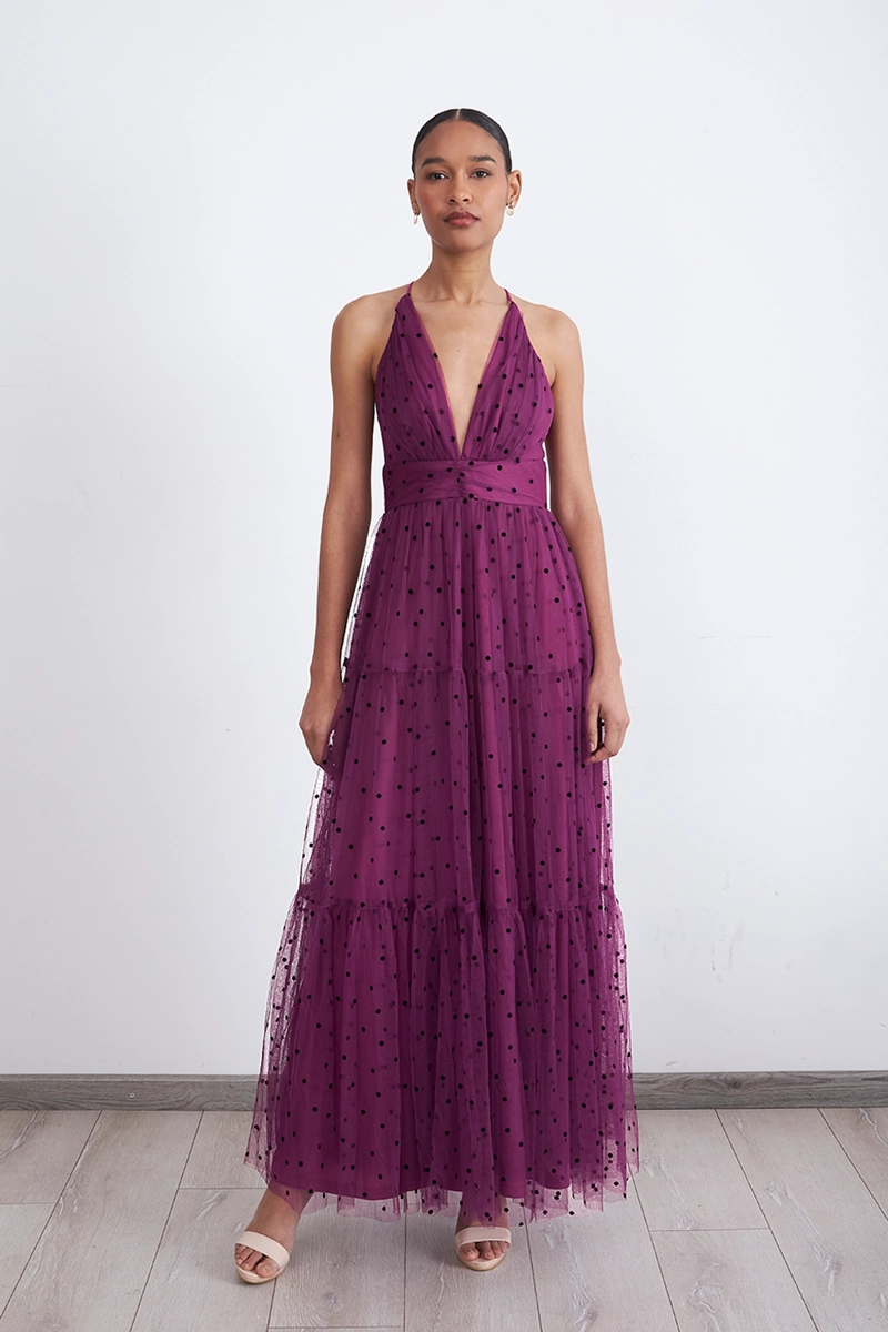 MAXI VESTIDO DE PUNTOS TUL MORADO MUJER NICOPOLY - 1