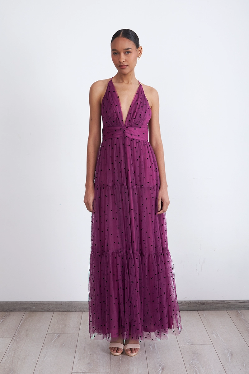 MAXI VESTIDO DE PUNTOS TUL MORADO MUJER NICOPOLY - 2