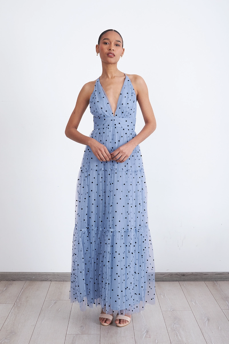 MAXI VESTIDO DE PUNTOS TUL CELESTE MUJER NICOPOLY - 1