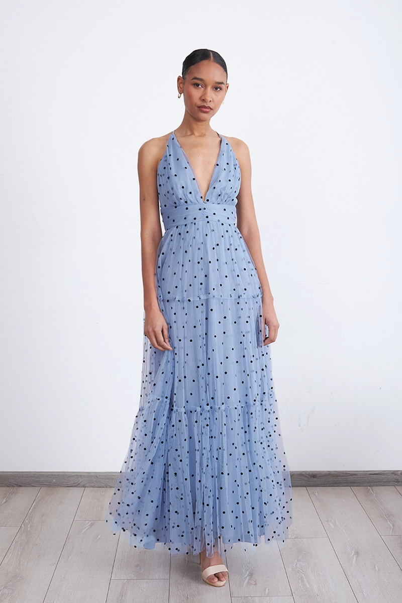 MAXI VESTIDO DE PUNTOS TUL CELESTE MUJER NICOPOLY - 2
