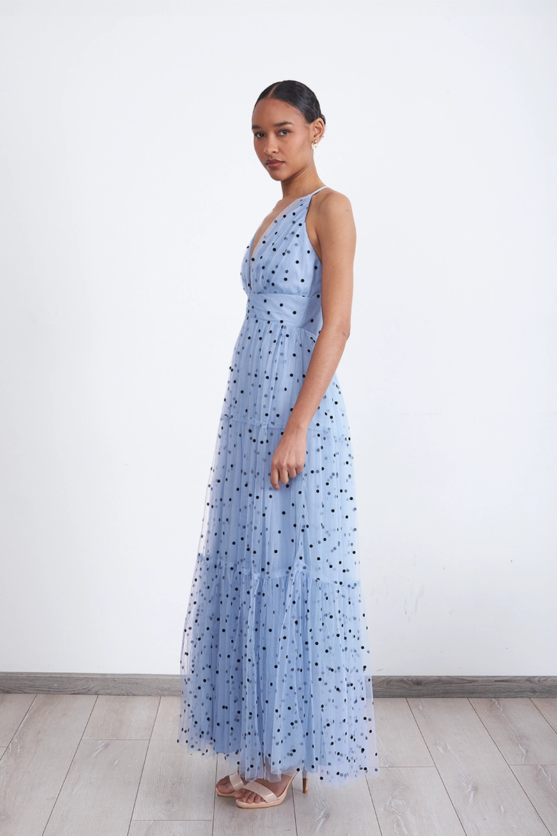 MAXI VESTIDO DE PUNTOS TUL CELESTE MUJER NICOPOLY - 3