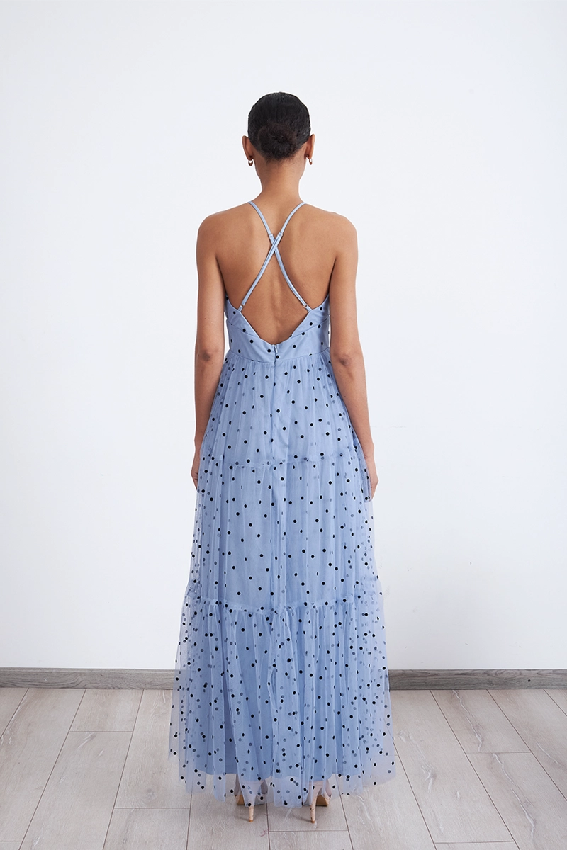 MAXI VESTIDO DE PUNTOS TUL CELESTE MUJER NICOPOLY - 4