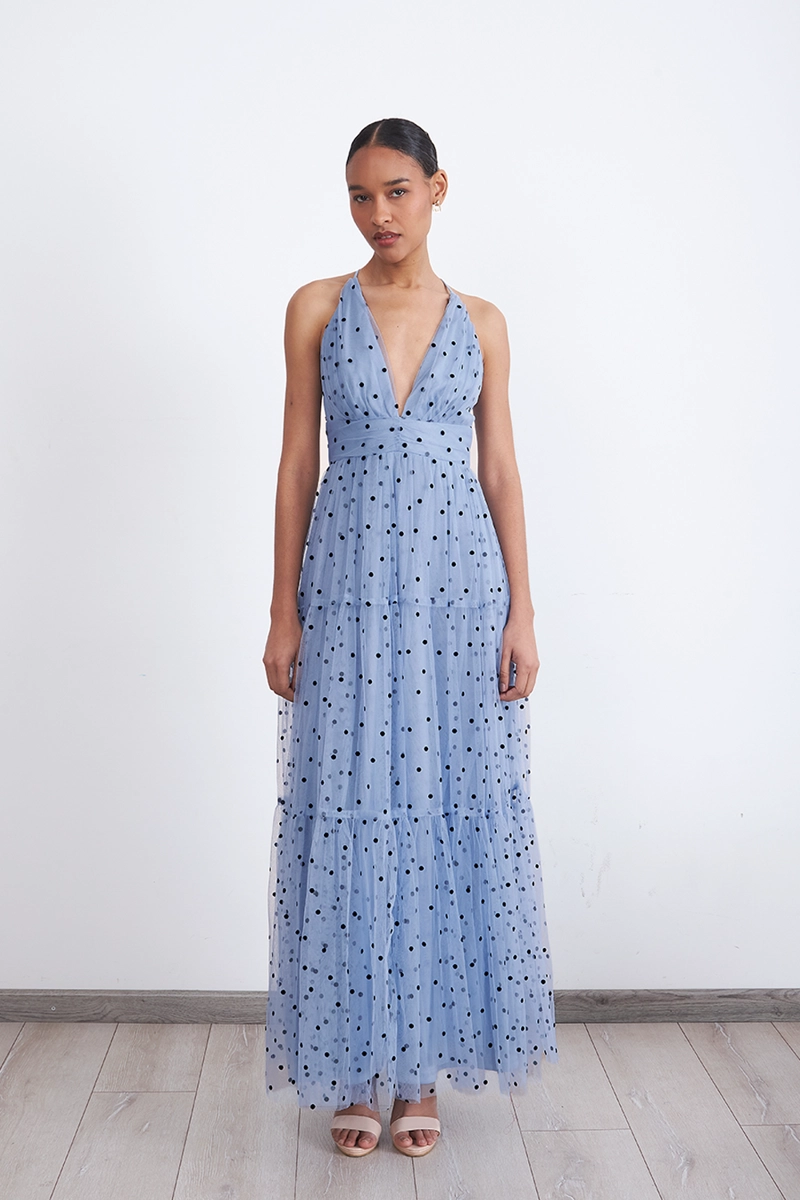 MAXI VESTIDO DE PUNTOS TUL CELESTE MUJER NICOPOLY - 6