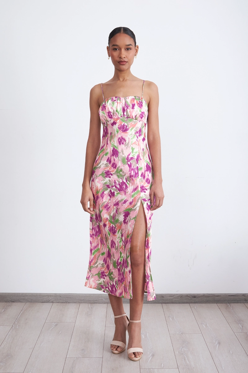 VESTIDO SATINADO ESCOTE FRUNCIDO ROSADO MUJER NICOPOLY - 1
