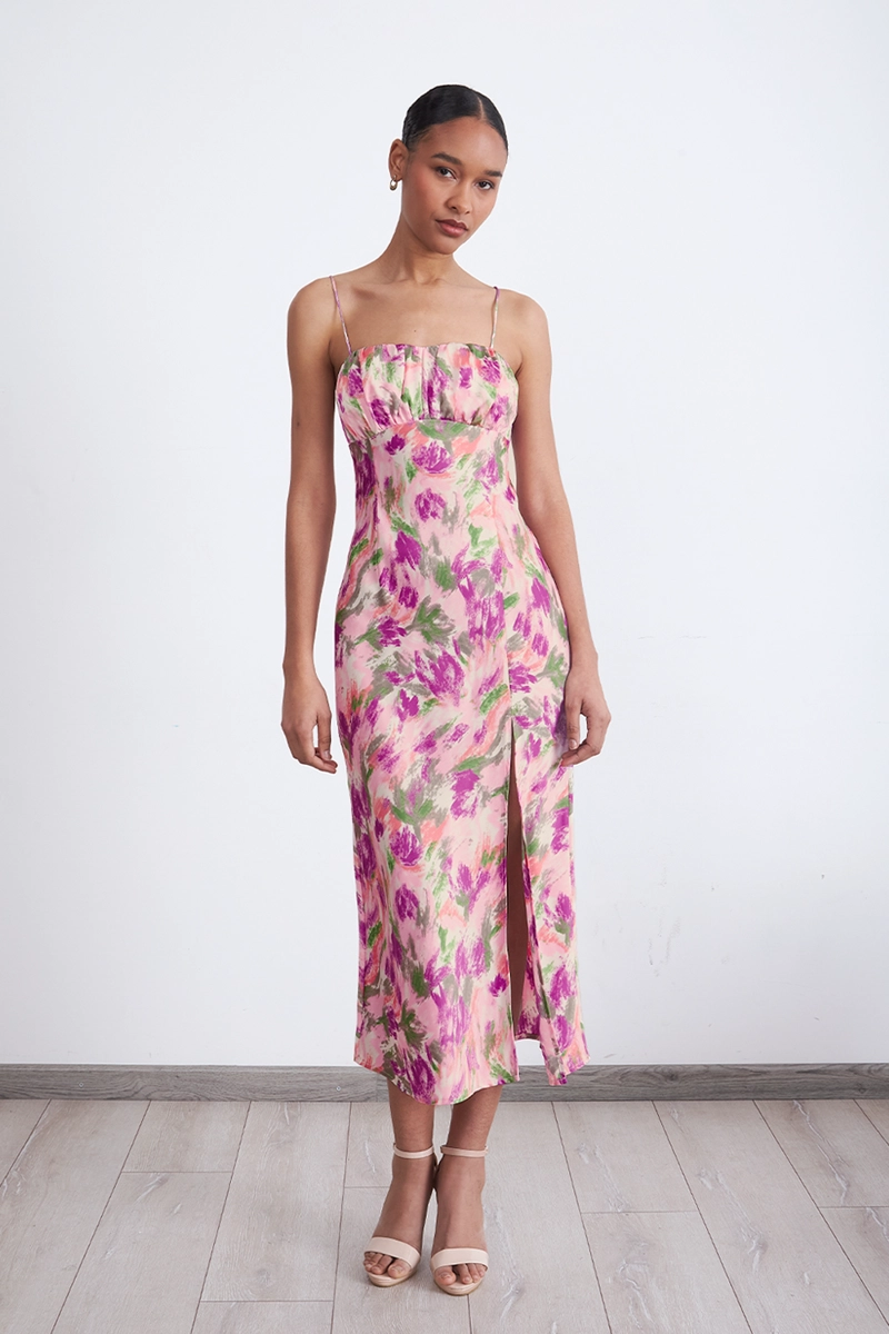VESTIDO SATINADO ESCOTE FRUNCIDO ROSADO MUJER NICOPOLY - 2