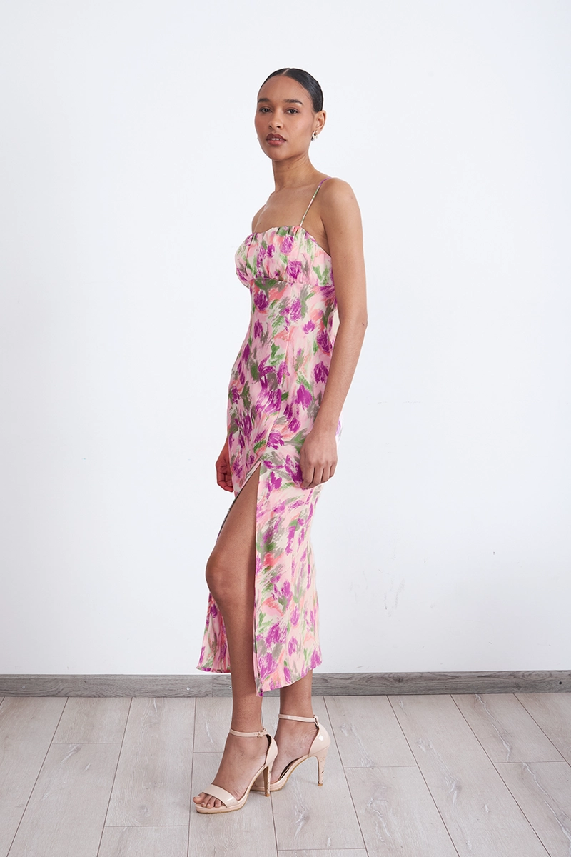 VESTIDO SATINADO ESCOTE FRUNCIDO ROSADO MUJER NICOPOLY - 3
