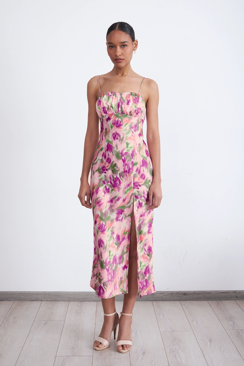 VESTIDO SATINADO ESCOTE FRUNCIDO ROSADO MUJER NICOPOLY - 5