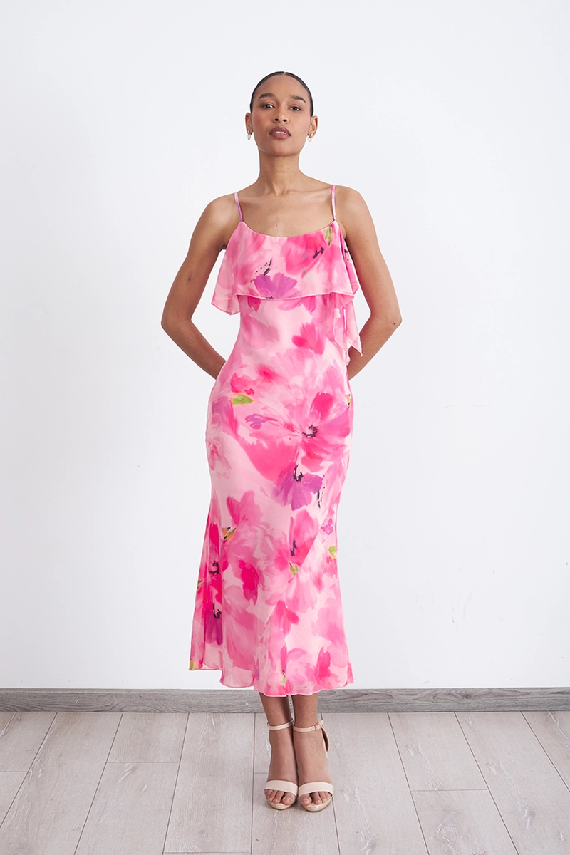 VESTIDO MIDI ESTAMPADO FLORES VUELOS ROSADO MUJER NICOPOLY - 1
