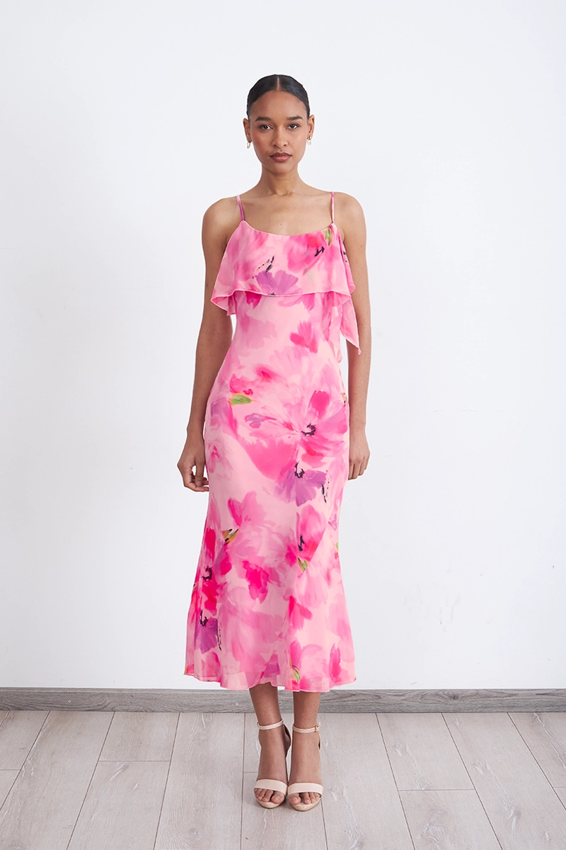 VESTIDO MIDI ESTAMPADO FLORES VUELOS ROSADO MUJER NICOPOLY - 2