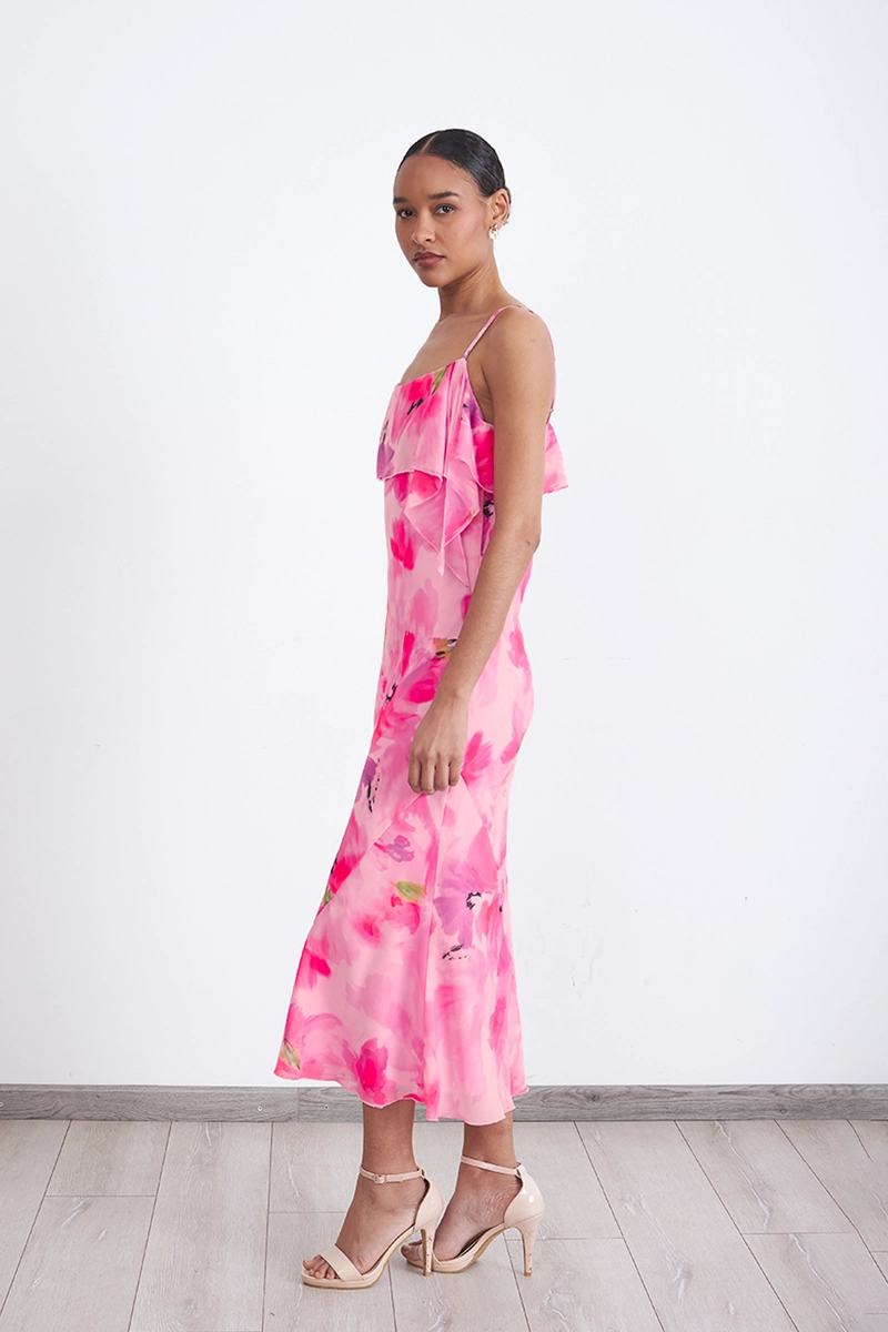 VESTIDO MIDI ESTAMPADO FLORES VUELOS ROSADO MUJER NICOPOLY - 3